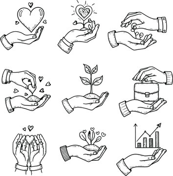 Doodle style hands holding icons: heart, money, plant, briefcase, eart