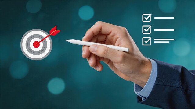 Hand drawing red arrow hitting bullseye target and checklist icons on blue background, symbolizing goal achievement, strategic planning, success, and completing tasks efficiently