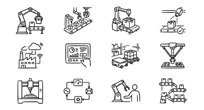 Industrial automation and manufacturing process icons