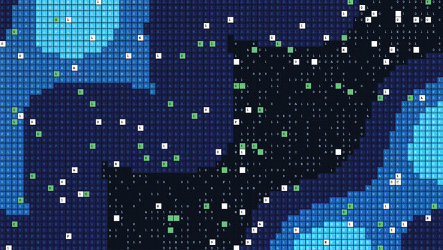 Binary data mosaic grid pattern on dark blue digital background