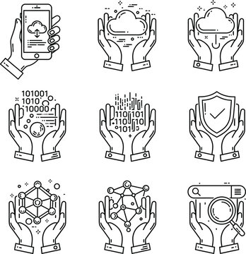 Hands holding icons for technology, data, and security, magnifying gla