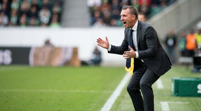 Angry soccer coach shouting from the sideline during a match. Intense football manager in a suit gesturing and yelling on the field