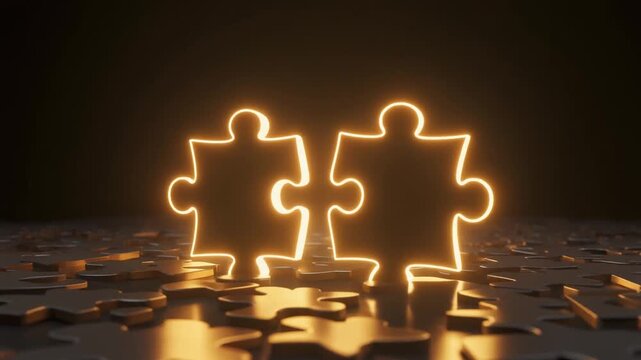 Two upright jigsaw puzzle pieces glowing under warm backlight, symbolizing connection, teamwork, and the moment of unity in solving a complex challenge.