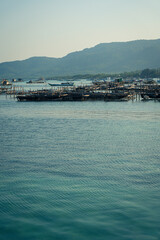 Floating fishing nets and boats in calm coastal waters with scenic mountain backdrop © efendiahd