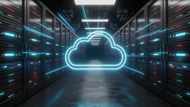 A glowing neon cloud floating in a futuristic data center corridor, symbolizing cloud computing, data storage, and digital connectivity in modern technology.