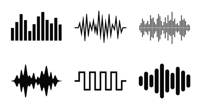 Diverse Sound Waveforms, Audio Visualizers, Music Equalizer Bars, Signal Patterns