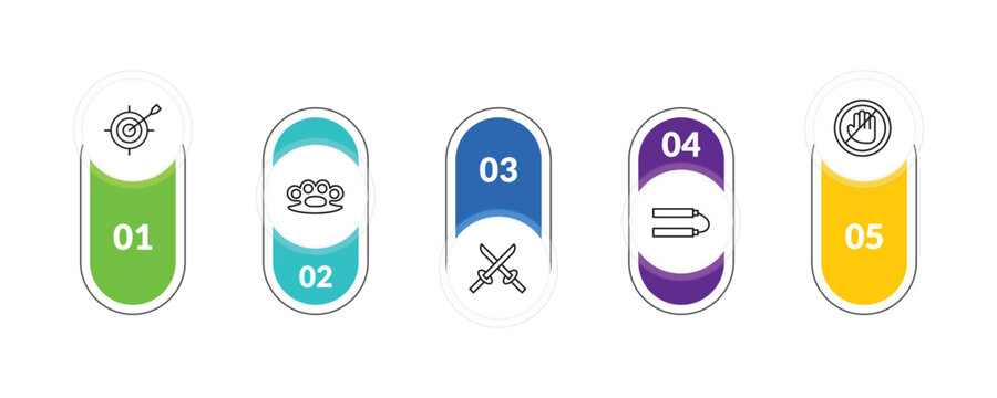outline weapons icons set - dart board game, brass knuckles, japanese nunchaku, no arms. editable vector for web and mobile ui