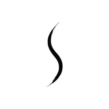 A single black brush stroke forming a vertical wavy s shape isolated on a white background, for and artistic projects