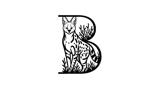 Elegant letter B formed by a cat and foliage illustration.