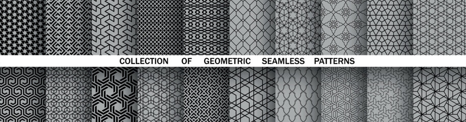 Obraz premium Geometric set of seamless black and gray patterns. Simple vector graphics
