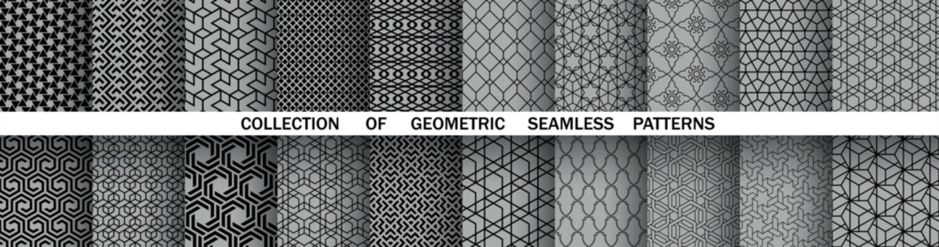 Geometric set of seamless black and gray patterns. Simple vector graphics