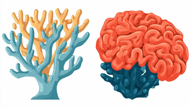 Colorful brain and coral reef illustrations representing brain structure and marine life visual elements for educational or scientific use