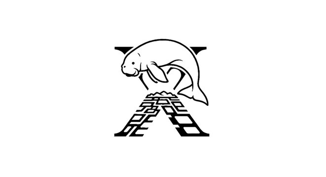Manatee illustration with geometric mountain design.