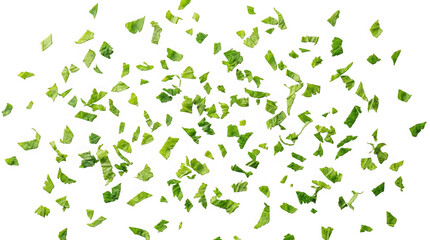 Fototapeta premium Fresh chopped parsley leaves scattered and falling isolated on transparent background