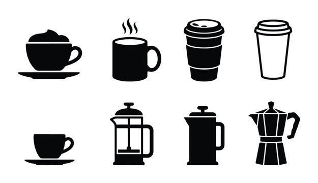 Coffee Icons Set, Hot Beverage Cups, Espresso Maker, French Press, Moka Pot, Vector Graphics