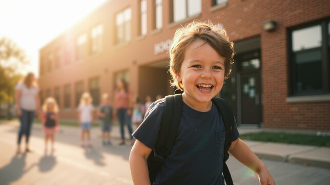 A happy young boy wearing a backpack laughs joyfully in front of an elementary school building during a sunny morning, capturing the excitement of the first day of class.