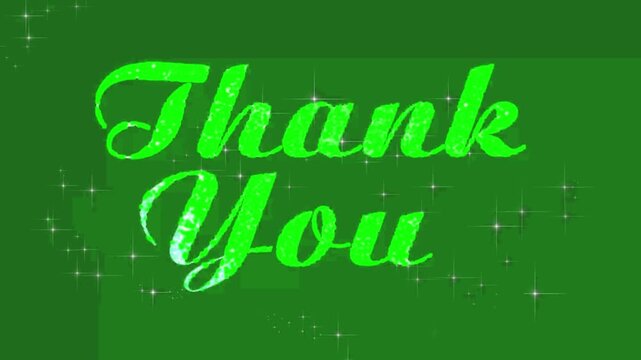 Thank You script font glows with sparkling light effects against a solid green screen for professional appreciation and ending sequences.