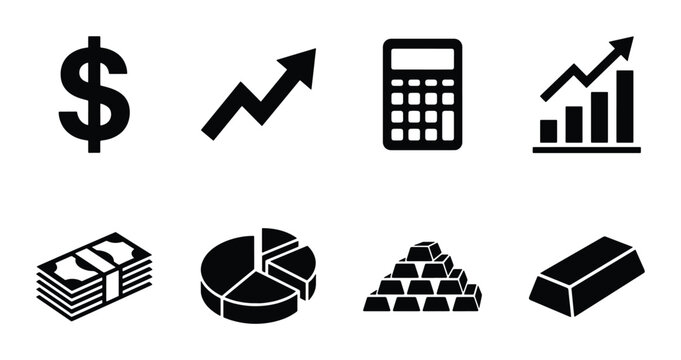 Financial Icons Set: Dollar, Growth Chart, Calculator, Money Stack, Pie Chart, Gold Bars