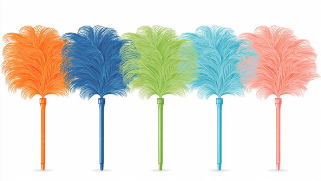 Colorful feather dusters in vibrant shades arranged in a row with bright visual elements