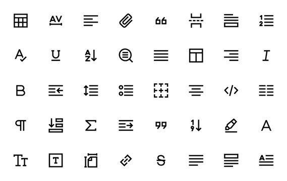 Text Editor icon set. Minimal line icons. Vector illustration. Featuring table, text spacing, alignment, attachment, search, layout, bold, italic, bullets, columns, hyperlink and more.