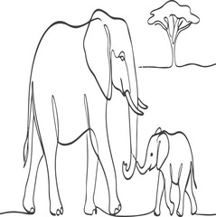 Mother Elephant and Calf in Savannah Landscape © JannaturNur