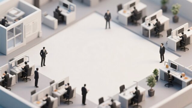 オフィスで働く人々のデスク群と中央の巨大な白い空白スペースのアイソメトリックな3Dイラスト、ワークスペースのコンセプトイメージ