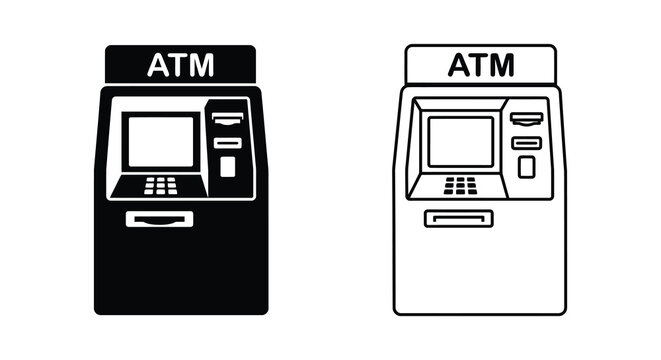 Two atm machine silhouettes black and white vector illustration with signage details silhouette automated teller