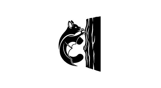 Black and white squirrel climbing tree illustration.
