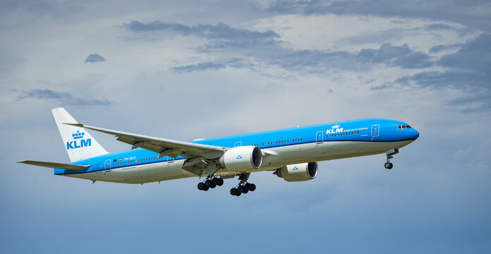 KLM Royal Dutch Airlines aircraft, Boeing 777-300ER, Yakushima, approaching Dallas Fort Worth International Airport (DFW). The flight arrives from Amsterdam, Netherlands.
