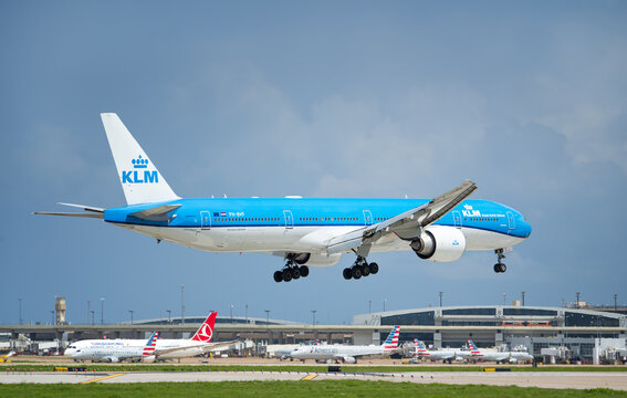 KLM Royal Dutch Airlines aircraft, Boeing 777-300ER, Yakushima, landing at Dallas Fort Worth International Airport (DFW). The flight arrives from Amsterdam, Netherlands.