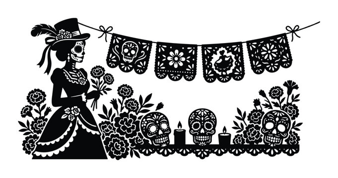 Day of the Dead Vector Art: Sugar Skulls, Catrina, Papel Picado Banners, Floral Decor