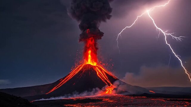 Volcanic eruption with lightning storm.