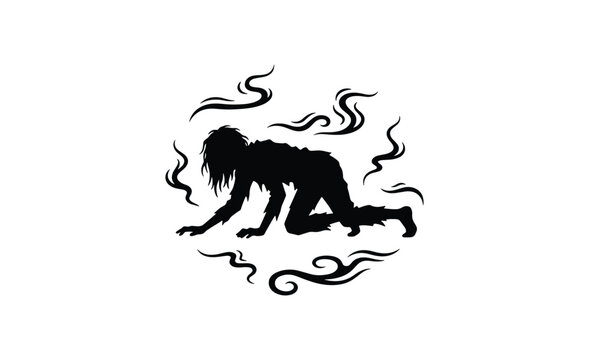 Silhouette of a werewolf or creature, dark smoke swirls, Halloween, horror, fantasy, vector art