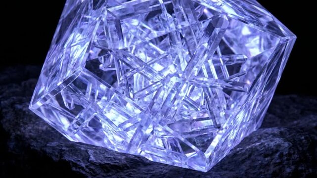 外形を維持したまま不透明な多面体の内部が発光する結晶構造へと置換される仮晶の抽象CGアニメーション