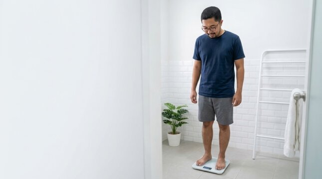 Young man standing on a digital scale in a bright white tiled bathroom wearing a casual navy blue t-shirt and grey shorts while checking his body weight during the morning