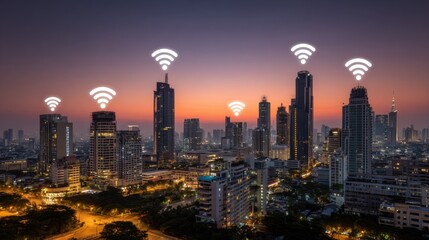 Fototapeta premium Urban skyline at dusk with digital connectivity icons symbolizing wireless internet access in a modern city environment