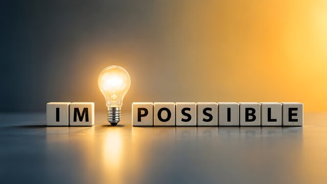 Innovative business strategy with glowing lightbulb separating impossible text representing creative solutions and transformation.