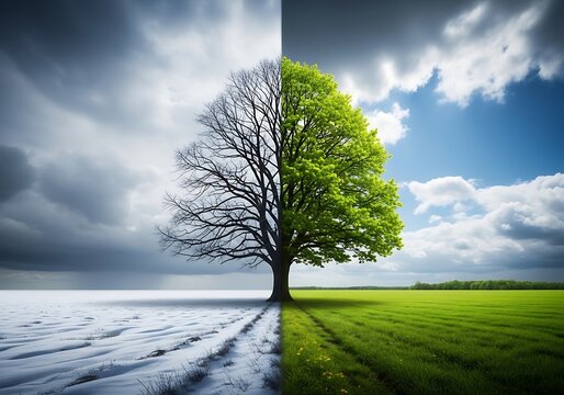 Dramatic landscape showing a tree split between winter and spring with snow and green fields under cloudy skies