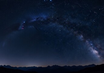 Fototapeta premium Dramatic night sky photograph featuring the milky way galaxy arching over a silhouetted mountain range under a starry expanse