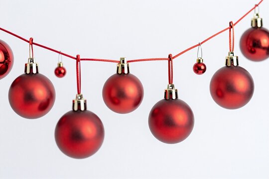 A string of red christmas ornaments on a white background
