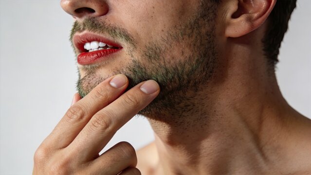 Close-up of a man with beard and red lipstick touching his chin, gender identity concept