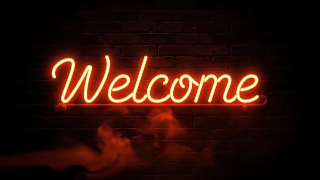 Welcome neon sign glowing on a dark brick wall with soft smoke effect for business entrance decor