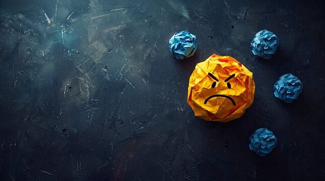 Crumpled paper balls designed as angry and sad faces on a textured dark surface, symbolizing frustration or emotional distress.
