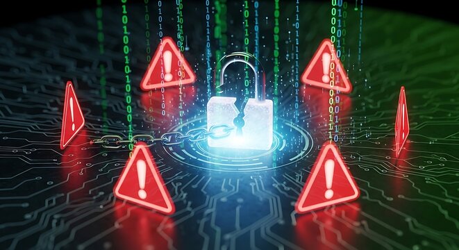 Digital security breach concept with a glowing open padlock, broken chain links, and red warning on a dark circuit board with binary code streams