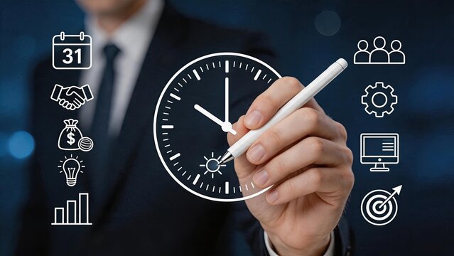 Businessman drawing clock on glass, time management concept, productivity icons, planning schedule, corporate strategy, efficiency, deadline, success goal, work process