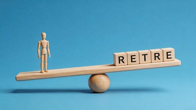Wooden mannequin figure standing on balance scale next to letter blocks spelling retire, pension planning and work life balance concept