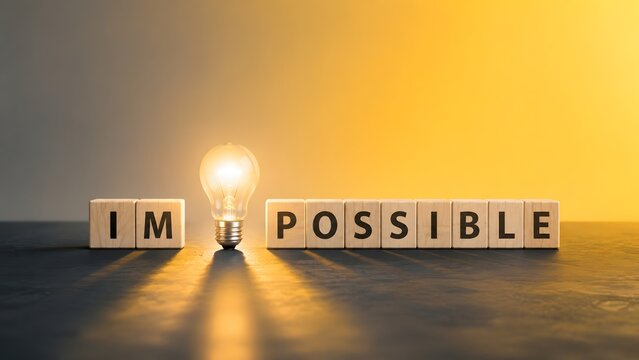 Creative problem solving strategy with glowing lightbulb among impossible text blocks representing innovative business solutions.
