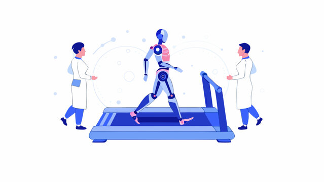 Robot running on treadmill, lab test, futuristic technology, humanoid machine