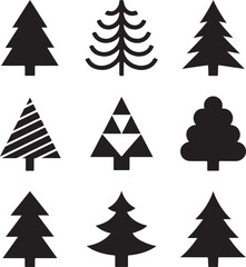Obraz premium Collection of simple black pine tree silhouettes showing diverse geometric shapes for winter forest concepts