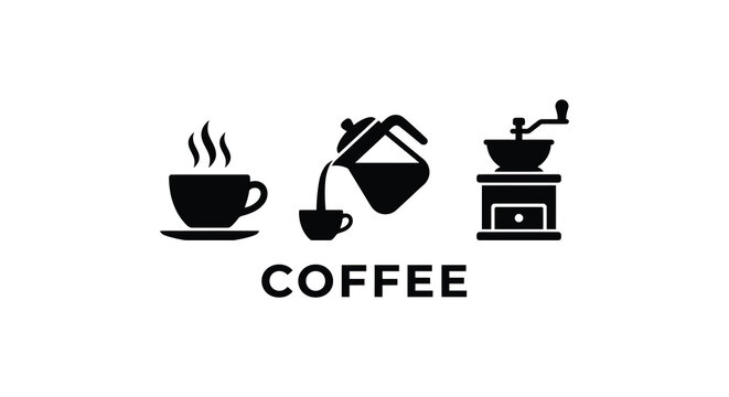 Coffee cup milk pitcher and grinder silhouettes on a white background silhouette maker brewing preparation